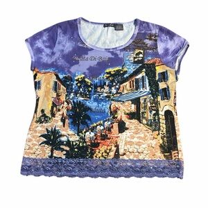 Y2k French Postcards Colorful Scenic Print Women's Top